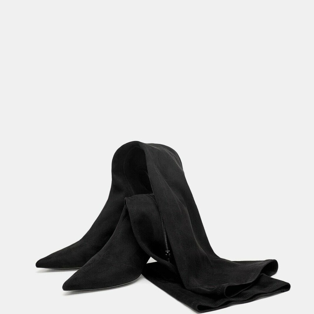 ZARA Black Tall Fabric Thigh High Kitten HEEL OVER-THE-KNEE Boots Black New - Picture 4 of 7